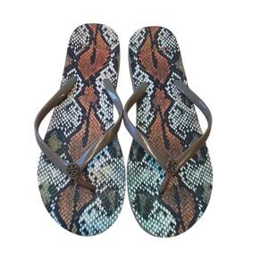 Tory Burch Snake Print Flip Flops Tan Gold Logo Women’s Size 9.5